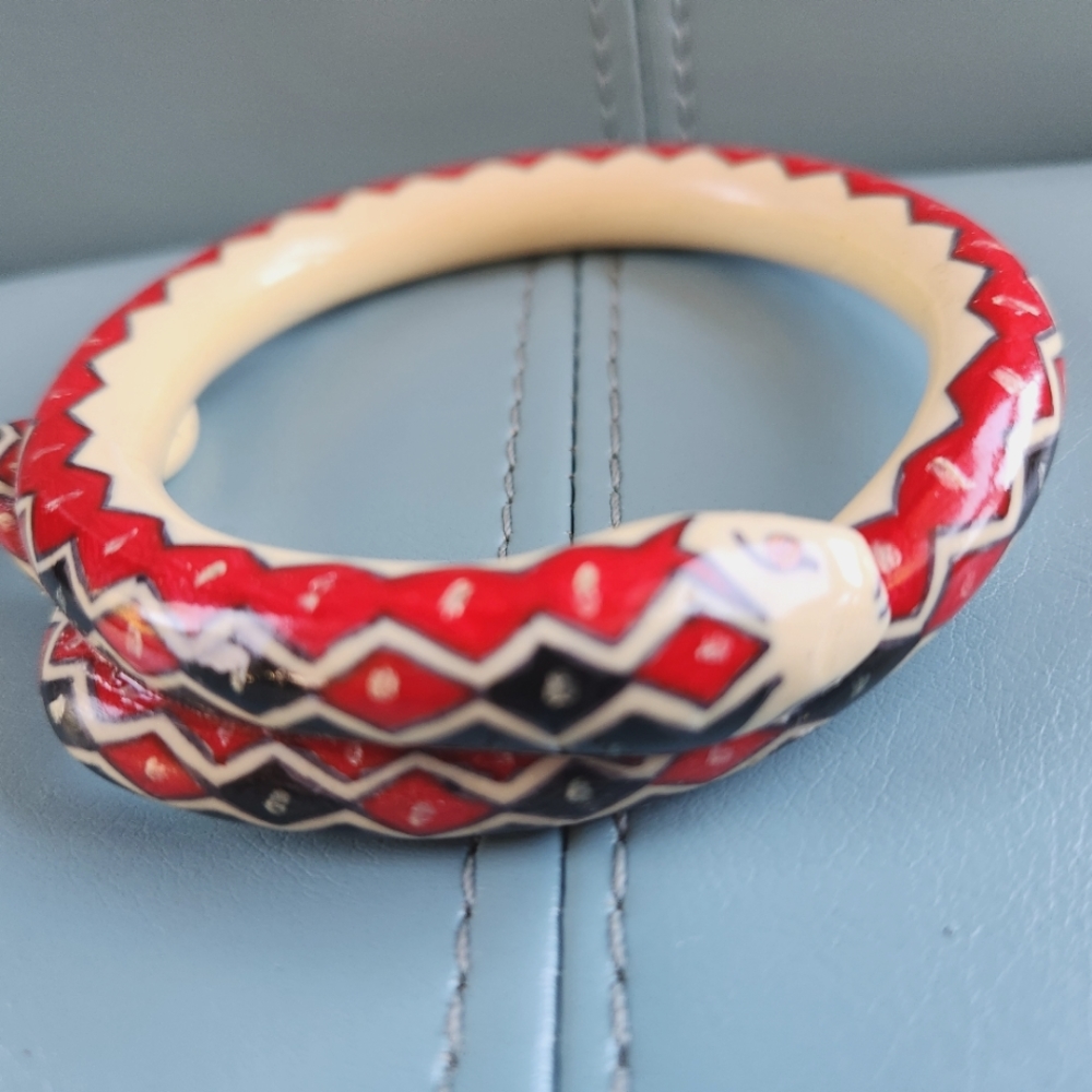 20s SNAKE Serpent Cuff Bangle Art Deco Ivorine Harlequin Handpainted Bracelet - Picture 5 of 16